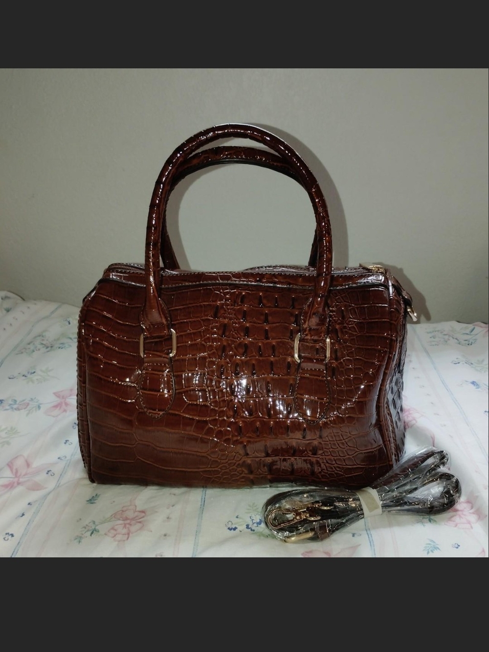 Glossy Croc-Embossed Satchel Bag in Dark Brown